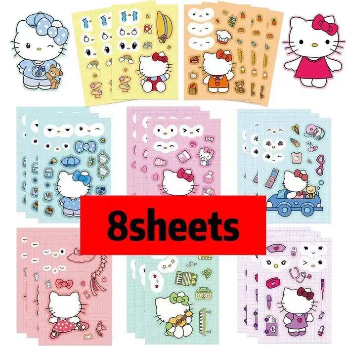 Kawaii Hello Kitty Assemble Jigsaw Puzzle Stickers - 8/16 Sheets Fun Make-a-Face Game for Kids