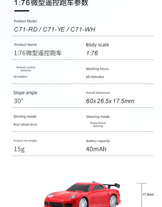 The image shows the specifications for a Turbo Racing 1:76 Miniature Full-Scale C71c72c73c74 Remote Control Electric Drift Sports Car Toy from Lacatang Shop. The red micro RC car, with the product codes C71-RD / C71-YE / C71-WH, weighs 15g and offers a working time of 30 minutes. Its overall dimensions are 60x26.5x17.5mm, and it has a range of 40 meters.