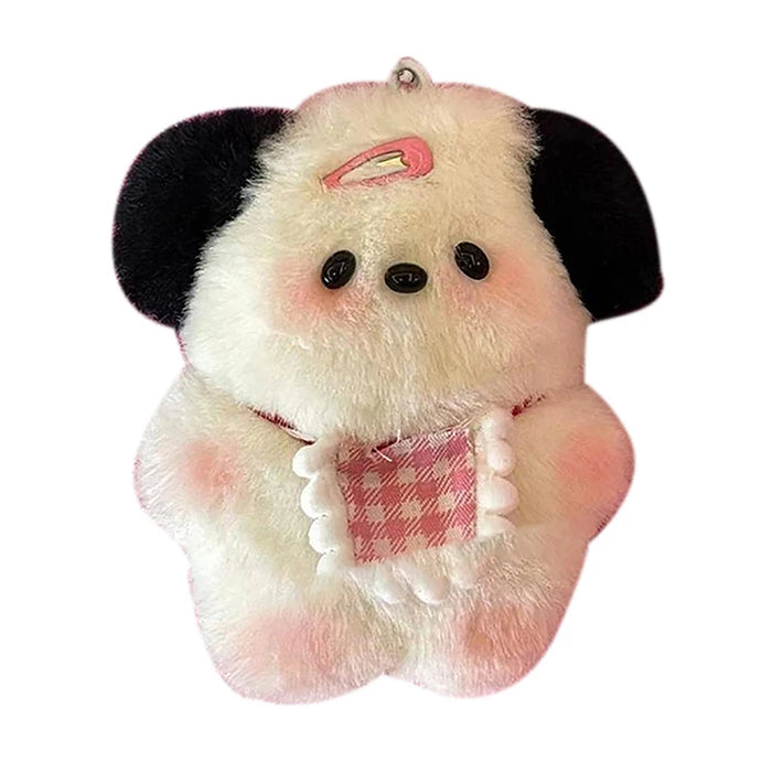 A fluffy plush toy keychain shaped like a puppy with white and pink fur, holding a checkered heart. It features black ears, small eyes, and a cute pink bow on top—perfect as a gift or charming bag accessory from Lacatang Shop's Adorable Plush Puppy Keychain collection.