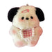 The Lacatang Shop's Adorable Plush Puppy Keychain is a cute cartoon bag charm featuring a fluffy dog design with black ears, pink cheeks, and a small pink clip. It holds a pink and white checkered object and has a soft, fuzzy round shape, making it perfect as a gift or accessory.