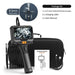 The image displays the 360° Steering Industrial Endoscope Camera from AliExpress, featuring an 8mm dual lens and a vibrant 5" IPS screen with control buttons. Perfect for car engine inspection, the package includes the endoscope camera, a charging cable, a user manual, and a carrying case.