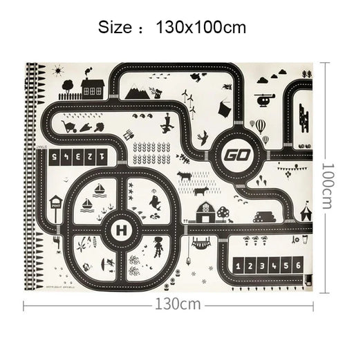 The Lacatang Shop's Interactive City Traffic Play Mat for Kids is a 130x100cm waterproof educational rug with a black and white road design featuring traffic elements like a roundabout and airport, numbered parking spaces, and scattered illustrations of trees, houses, and animals for imaginative play.