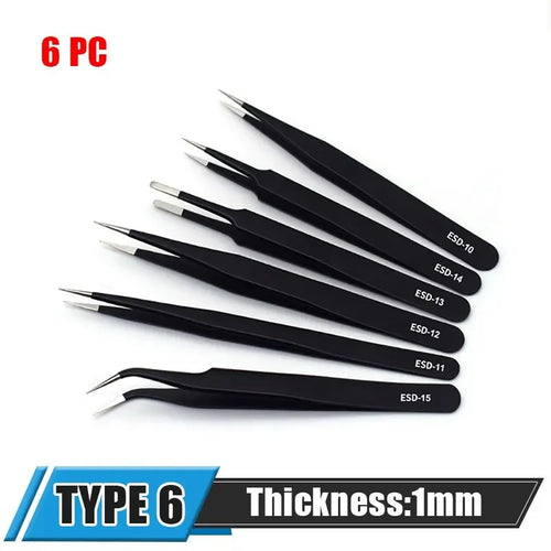 Image showing a set of six ESD Anti-Static Stainless Steel Tweezers Precision Maintenance by AliExpress, perfect for electronic repair, each labeled with different codes (ESD-10, ESD-11, ESD-12, ESD-13, ESD-14, ESD-15). The text "6 PC" and "Thickness: 1mm" is displayed alongside the label "TYPE 6." These tweezers