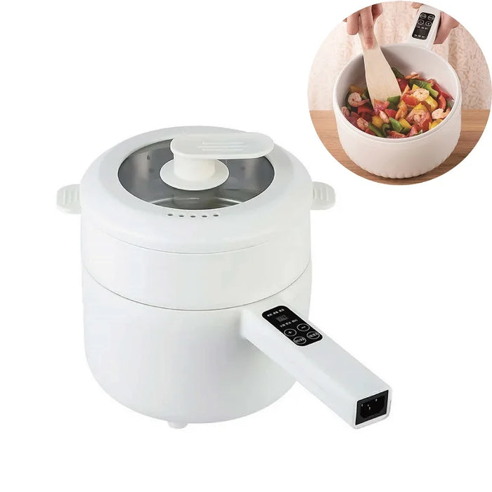 The 1.6L Smart Electric Cooking Pot Reservation Multifunctional Non-stick Electric Wok Household Electric Hot Pot With Steamer 220V by Lacatang Shop comes with an extended handle and a digital control panel. The main image showcases the pot with its lid, while an inset image shows hands stirring a mixed vegetable dish inside.