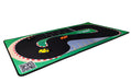 The TURBO RACING 1:76 Drift Track Mat by Lacatang Shop boasts a sleek black road, green grass edges, parking area, and comes with yellow, orange, and blue toy cars. Adorned with the "Turbo" logo and a QR code in one corner, it's perfect for remote control enthusiasts.