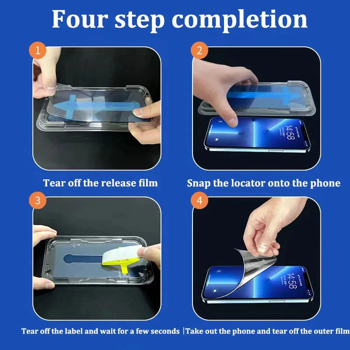 Here's a guide from AliExpress on how to apply the 1-2Pc 8K High End Tempered Glass For iPhone 14, 13, 12, 11 Pro Max, and XS Max: 
1. Tear off the release film from the tempered glass protector.
2. Snap the locator onto your phone.
3. Tear off the label and wait a few seconds.
4. Remove your phone and take off the outer film.