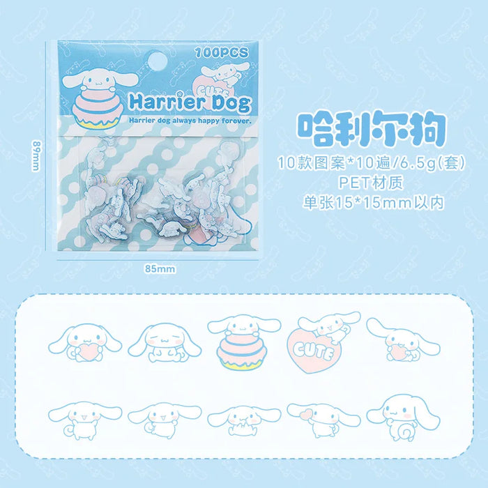 A 100-piece Sanrio Kawaii sticker set from AliExpress, featuring Pochacco, Kuromi, Melody, and Hello Kitty in various cute poses and expressions. Perfect for student stationery or birthday gifts. Packaged in blue and white, it measures 89mm by 85mm.