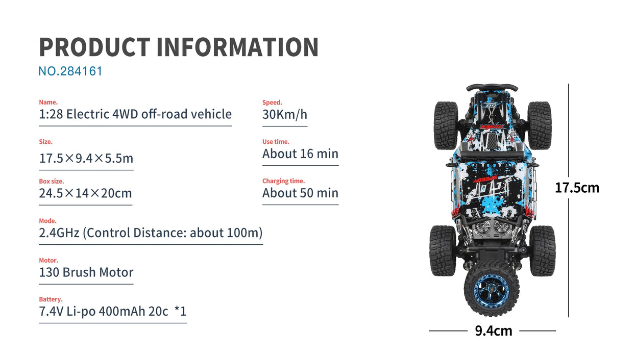 A product information sheet for the WLtoys 1:28 scale electric 4WD remote control car (Model No. 284161) from Lacatang Shop. Key specifications include: speed up to 30KM/H, dimensions of 17.5 x 9.4 x 5.5 cm, a 2.4GHz control distance of about 100m, and a powerful lithium battery with a capacity of7