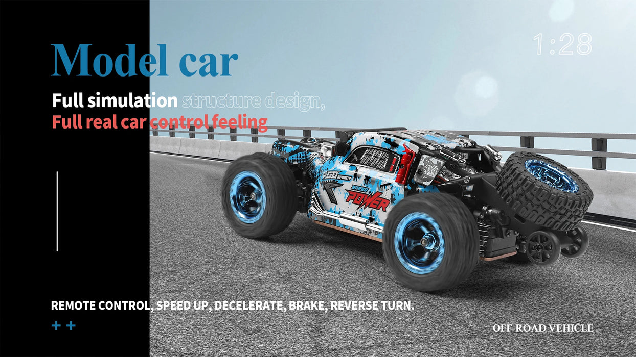 A WLtoys 1:28 284131 284161 Racing Mini RC car from Lacatang Shop is speeding down a road with guardrails. This 30KM/H blue and black vehicle, emblazoned with the word "Power" on its side, showcases realistic simulation design for authentic control. Text on the image reads "Full simulation structure design, Full real car control feeling" and features commands such as "REMOTE CONTROL, SPEED UP, DECELERATE, BRAKE, REVERSE TURN.