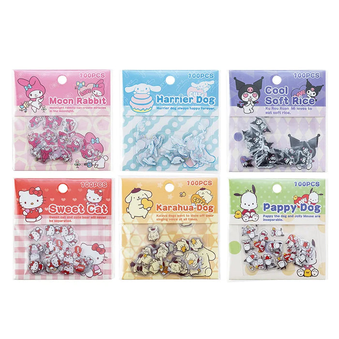 Image of six novelty eraser packs, each with a unique theme: Moon Rabbit, Harrier Dog, Cool Soft Rice, Sweet Cat, Karahua Dog, and Pappy Dog. These vibrant erasers capture the whimsical charm of AliExpress' 100-Piece Sanrio Kawaii Sticker Set featuring playful shapes.