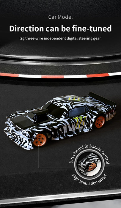 Displayed on a black track is the Lacatang Shop's 1/43 RC Car Mini Racing Car, featuring a striking black and white zebra-striped pattern. The text above reads "Car Model: Direction can be fine-tuned." An inset image offers a close-up of the high simulation wheel designed for full-scale directional control, making it an ideal choice for any remote control car enthusiast.