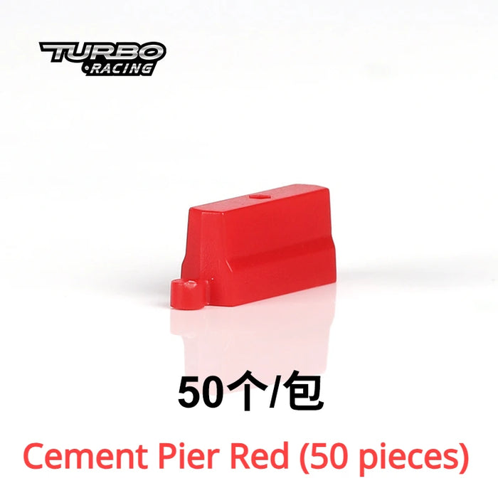 Image of a red cement pier model piece from Lacatang Shop's TURBO RACING 1:76 Remote Control Car Track Set with Jump and Drift Features. Text reads "50个/包" and "Cement Pier Red (50 pieces)." Perfect for enhancing dynamic tracks with drift options.