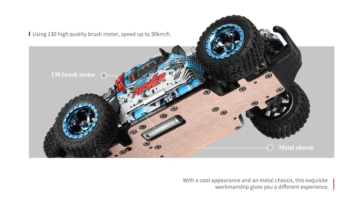 An image showcases the WLtoys 1:28 284131 284161, a high-speed, electric remote control car from Lacatang Shop. This mini RC car features a robust metal chassis and is equipped with a powerful 130 brush motor, enabling it to reach speeds of up to 30 km/h. Powered by a high-capacity lithium battery, this four-wheel-drive racing toy boasts large, rugged tires designed for drifting and off-road capabilities. Its eye-catching graffiti-style body design prominently displays the word "POWER.