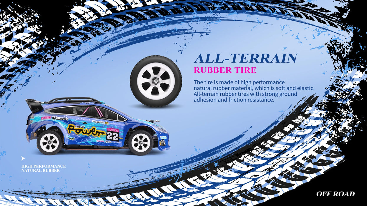 A vibrant blue racing car labeled "Power 22" is showcased alongside an all-terrain rubber tire, set against a backdrop of tire tracks and blue splashes. The text highlights the high-performance WLtoys 1:28 284131 284161 Mini RC Car, capable of reaching speeds up to 30KM/H. This 2.4G, four-wheel-drive electric drift toy from Lacatang Shop features natural rubber tires that deliver strong ground adhesion and excellent friction resistance.