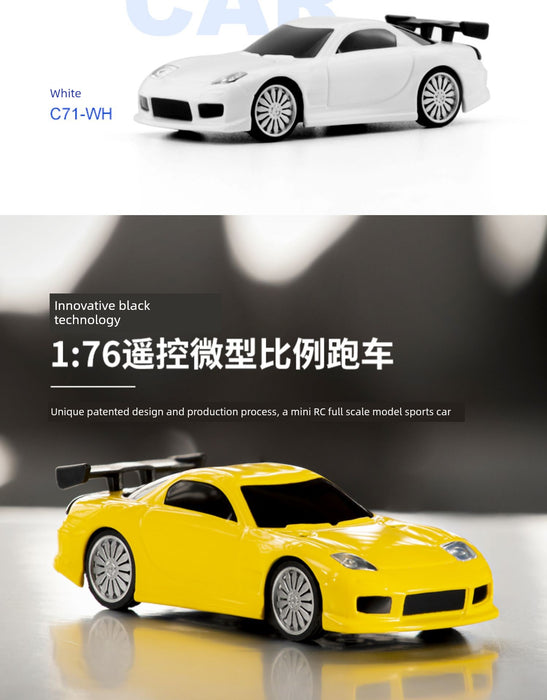 Here are two images showcasing the JDM Racing Miniature Toy Remote Control Sports Cars from Lacatang Shop. The top image features a sleek white car labeled "C71-WH," while the bottom image displays a vibrant yellow car. Both cars are 1:76 scale models, designed with rear spoilers and equipped with innovative black technology for an enhanced remote control experience.