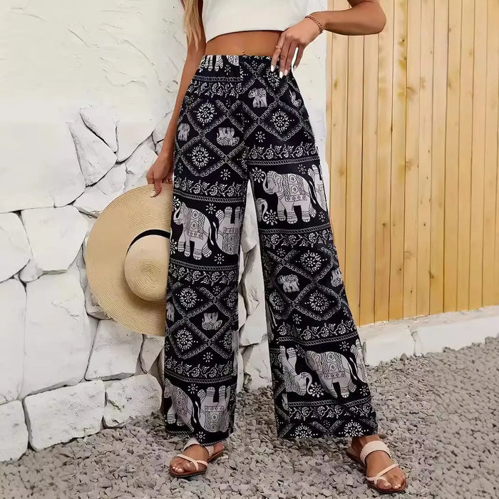 Fashion Women Wide Leg Pants High Waist Thailand Elephant Print Pant Summer Thin Straight Trousers Casual Bottom Female Clothing