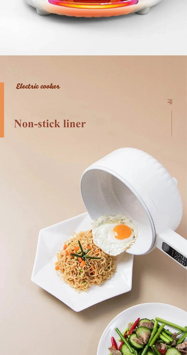 A 1.6L Smart Electric Cooking Pot from Lacatang Shop, featuring a non-stick liner, is pouring a fried egg onto a plate of noodles. In the foreground, another plate contains a vegetable and meat stir-fry dish. The image includes text that reads "Smart Electric Cooking Pot" and "Non-stick liner.