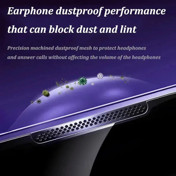 Close-up image of a phone's earpiece with text overlay explaining the dustproof performance of the 1-2Pc 8K High End Tempered Glass For iPhone 15 14 13 12 11 Pro Max XS by AliExpress. The text reads, "Earphone dustproof performance that can block dust and lint. Precision machined dustproof mesh to protect headphones and answer calls without affecting the volume of the headphones.