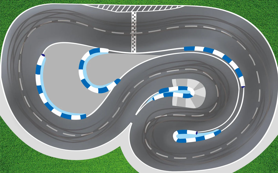 Aerial view of a Lacatang Shop 2.4m Drift Racing Track for RC Cars with winding roads and blue-white barriers, ideal for Kyosho Mini-Z. Located on green grass, it features a starting line and multiple curves, also compatible with Mini-Q and WLtoys cars.