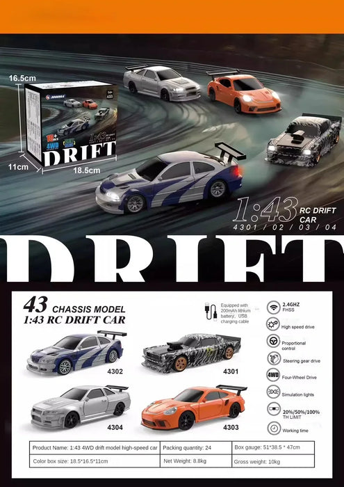 Promotional poster for the Lacatang Shop's 2.4G RC Drift Car 1/43. Featuring four models—4301, 4302, 4303, and 4304—each boasting high-speed drift ability, four-wheel drive, USB charging, and compact dimensions. Get your mini racing car now and experience thrilling remote control action with these high-performance RC cars!