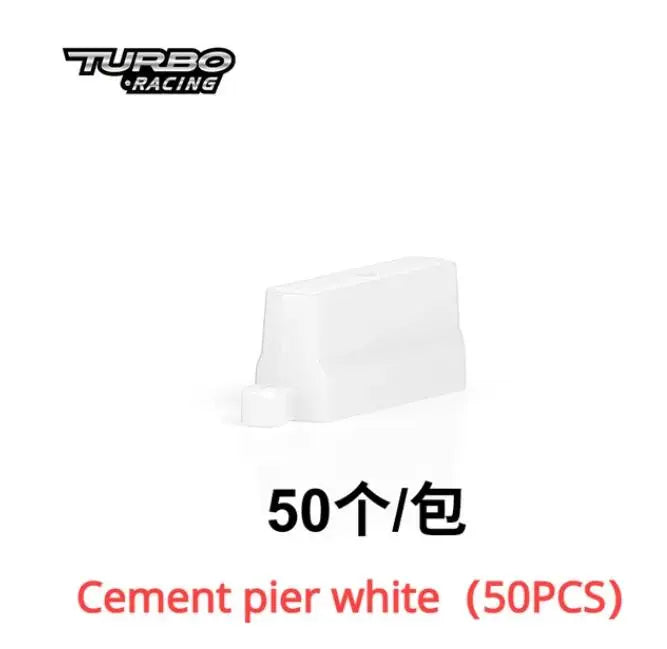 The image shows packaging for the TURBO RACING 1:76 Drift Track Mat by Lacatang Shop, featuring a mini white cement pier ideal for RC racing. The text reads, "TURBO RACING," "50个/包," and "Cement pier white (50PCS)" in bold red, perfect for drift setups by remote control enthusiasts.