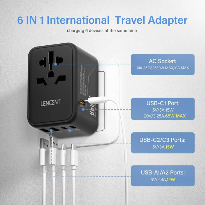 LENCENT 65W/100W GaN International Travel Adapter with 2USB 3 Type C - Lacatang Shop