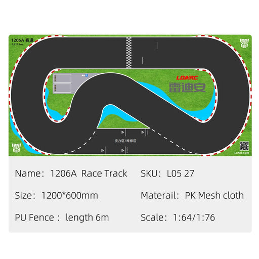 Discover the thrills of Mini RC Car racing with Lacatang Shop's Portable PK Mesh Race Track Mat. This 1:64/1:76 scale track features a winding black path, PU fence borders, grass area, and a checkerboard start/finish line. Available in 160x90cm and 120x60cm sizes. SKU: L05 27.