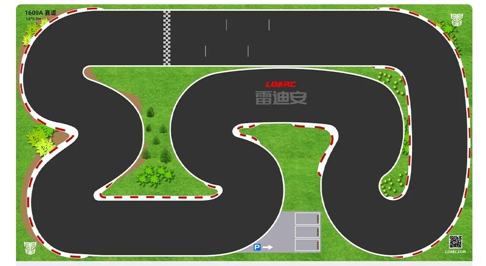 A bird's-eye view of a winding go-kart track with red and white curbs resembles the Lacatang Shop Portable Mini RC Car Race Track Mat (160x90cm & 120x60cm). It has tight turns, a starting line, and small grassy areas with trees and bushes. A parking zone is visible at the bottom right corner.