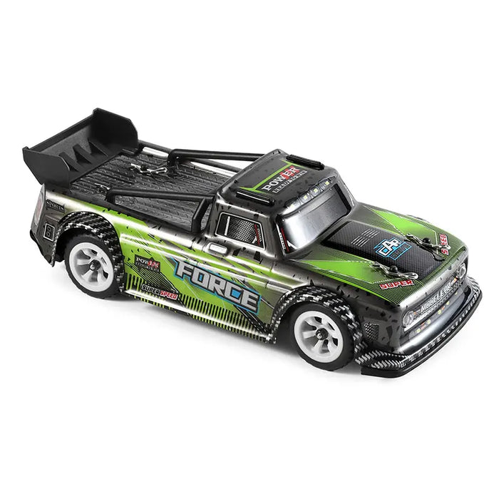 A detailed model of the WLtoys 1:28 284131 284161 Racing Mini RC Car from Lacatang Shop, featuring a green and black color scheme with no visible tires. This remote-controlled vehicle is adorned with logos and decals such as "POWER," "FORCE," and "HOT SPEED." Equipped with a lithium battery, this 4WD electric high-speed car can reach up to 30KM/H. It boasts a large rear spoiler and has a rugged, sporty design, making it an ideal gift for children.