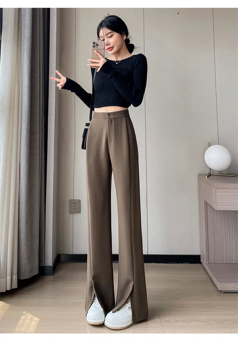 Jielur Coffee Skinny Basic Suit Women Wide Leg Pants Autumn Straight Casual Apricot Trousers Solid Color Split Office Lady Pants