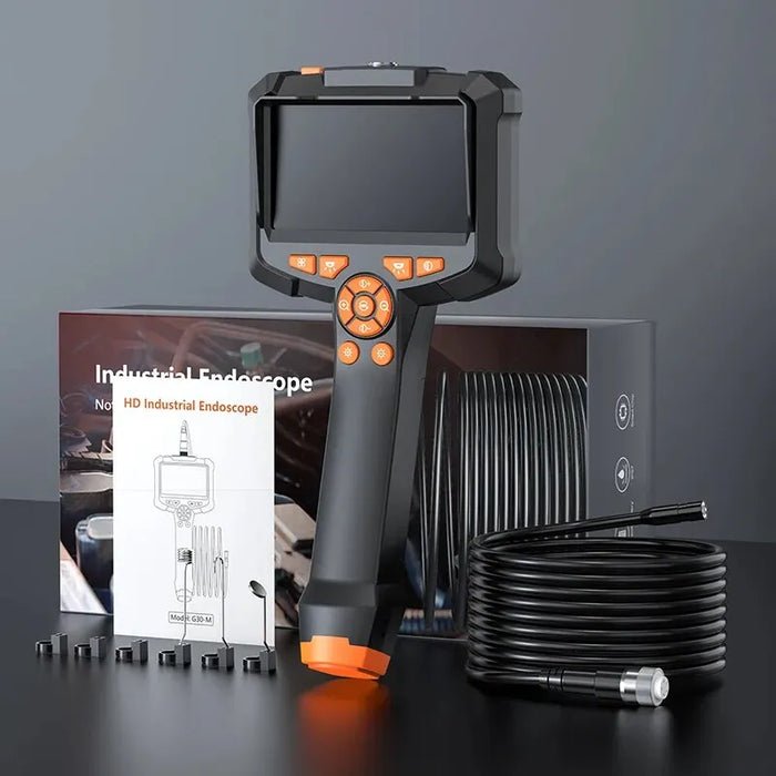 Displayed is the AliExpress Industrial Endoscope Camera. This set includes a 4.3-inch IPS screen and an HD1080P high-resolution camera. The package contains a handheld device with control buttons, a long flexible cable, and various accessories. Visible in the background are the product packaging and a user manual confirming its IP67 waterproof rating.