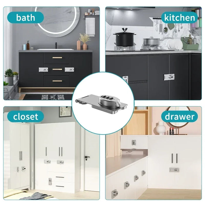 Collage of four images displaying the Lacatang Shop's Child Safety Refrigerator and Cabinet Lock installed on bathroom, kitchen, closet, and drawer cabinets. Labels mark household areas. The center image emphasizes the metal double opening drawer protection lock mechanism.