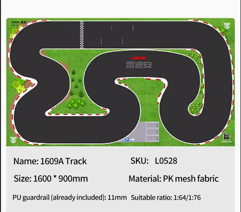 The LDARC Mini RC Car Racing Track Mat by Lacatang Shop features an exciting go-kart track layout with winding turns and red and white barriers. The 1600x900mm size is made of durable PK mesh fabric, perfect for 1/64 scale vehicle racing.