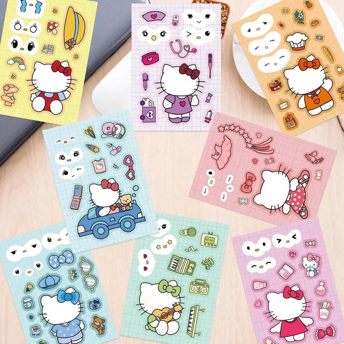 8/16 Sheets Sanrio Puzzle Stickers Cartoon Kawaii Hello Kitty Make-a-Face Assemble Cartoon Game Assemble Jigsaw Children Gift - Lacatang Shop