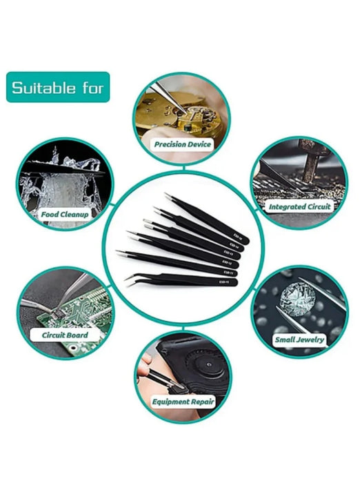 Image of a diagram showcasing the various uses of the AliExpress ESD Anti-Static Stainless Steel Tweezers Precision Maintenance set. Six images surround the tweezers, indicating they are suitable for electronic repair, precision devices, integrated circuits, small jewelry, equipment repair, circuit boards, and food cleanup.