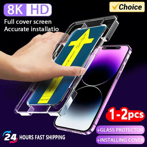 Using an alignment frame, a customer is installing the 1-2Pc 8K High End Tempered Glass For iPhone 14, 13, 12, and 11 Pro Max XS MAX from AliExpress on their smartphone. This ensures features like "8K HD," "Full cover screen," and "Accurate installation." The image also emphasizes that it includes "1-2 pcs" and offers "24 hours fast shipping." The pack comes with a "Glass protector + Installing cover" for easy setup.