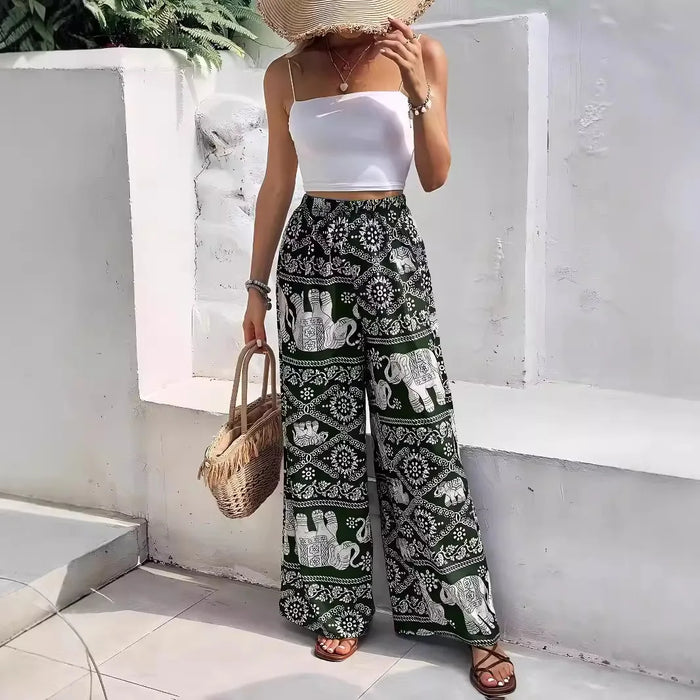 Fashion Women Wide Leg Pants High Waist Thailand Elephant Print Pant Summer Thin Straight Trousers Casual Bottom Female Clothing