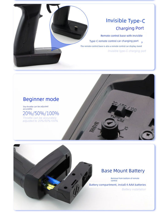 A JDM Racing Miniature Toy Remote Control Sports Car from Lacatang Shop with an invisible Type-C charging port is shown at the top. The middle image highlights the beginner mode, featuring adjustable levels at 20%, 50%, and 100%. The bottom image displays the base mount battery compartment, detailing the installation of 4 AAA batteries.