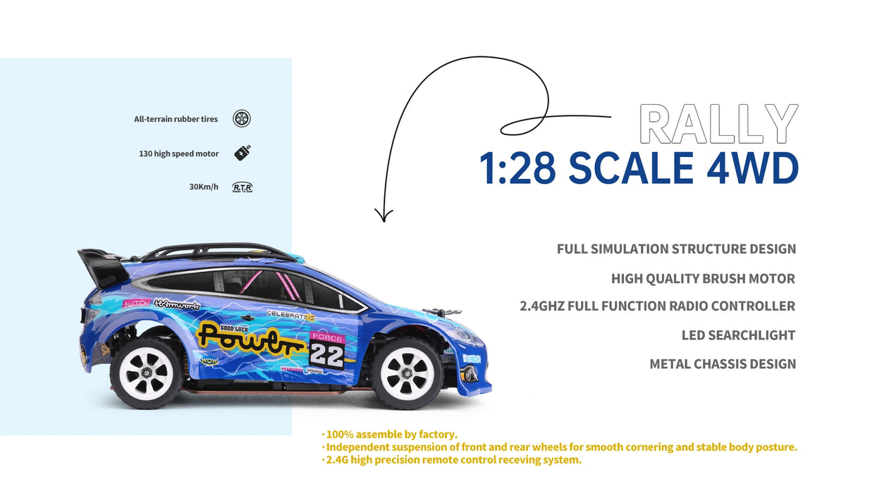 Image of the WLtoys 1:28 scale 4WD Racing Mini RC Car from Lacatang Shop, featuring a blue exterior with the number 22 decal and "Power" on its side. This remote control car boasts a full simulation structure design, high-quality brush motor, LED searchlight, metal chassis design, and can reach speeds up to 30KM/H.