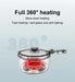 The image displays the 2024 New Portable 1.5L Multi-function Pot Rice Cooker Electric Cooking Stir Frying Noodle Pot Mini Hot Pot Household Dormitory from Lacatang Shop. This transparent pot highlights a visible heating element at the bottom and comes with a lid featuring a knob and handle. Above the pot, text reads, "Full 360° heating. More even heating. Fast heating / anti-glaze and anti-baking." The background is light green.