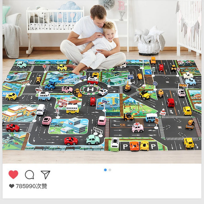 In a cozy, well-lit room, a man and child explore the Lacatang Shop's Colorful Cartoon City Traffic Play Mat with Toy Cars for Kids. Roads and buildings set a playful atmosphere. A crib and toys in the background subtly boost cognitive skills, making it an ideal gift for Christmas or birthdays.