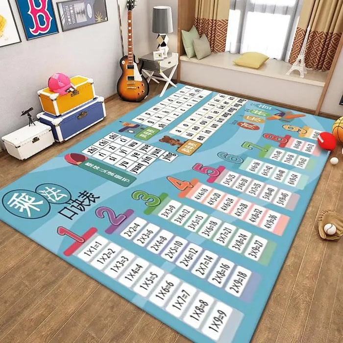 A colorful VIKAMA Kids' Cartoon Traffic Play Mat by Lacatang Shop adorns the floor, accompanied by a guitar, orange suitcase, and basketball. In the background, a window with curtains and nearby pillows enhance the room's playful vibe with vibrant colors.