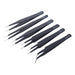 The AliExpress 6Pcs Anti-static ESD Stainless Steel Tweezers Maintenance Tool is a set of six black precision tweezers arranged in a row. Each high-quality tweezer is labeled with an identification code: ESD-10, ESD-11, ESD-12, ESD-13, ESD-14, and ESD-15. These new tweezers feature fine tips and vary slightly in shape and size.