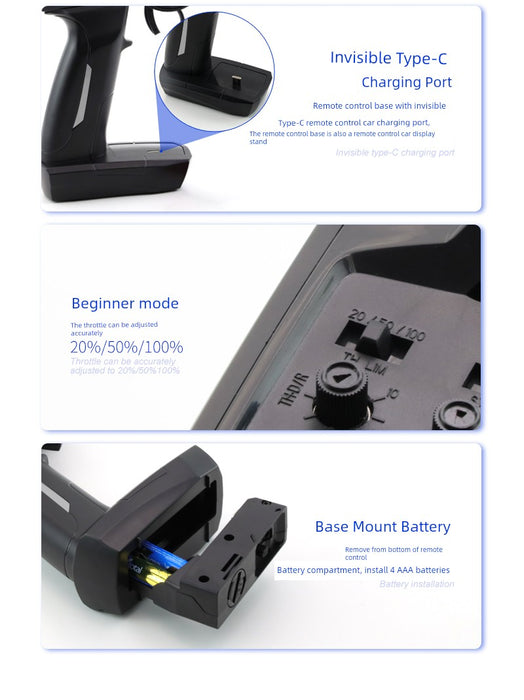 Image showing a Lacatang Shop Turbo Racing 1:76 Miniature Full-Scale C71c72c73c74 Remote Control Electric Drift Sports Car Toy with three close-up sections: a Type-C charging port, a beginner mode throttle switch adjustable to 20%, 50%, and 100%, and a base mount battery compartment opened, revealing where AAA batteries are inserted.