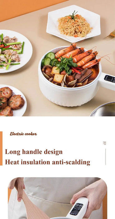 A table is set with a 1.6L Smart Electric Cooking Pot from Lacatang Shop, which contains a delicious stew with shrimp and various vegetables. Surrounding it are plates filled with noodles, sliced meat, and meatballs. The image also shows a person holding a utensil over the pot. Text reads, "Electric cooker. Long handle design for heat insulation and anti-scalding.