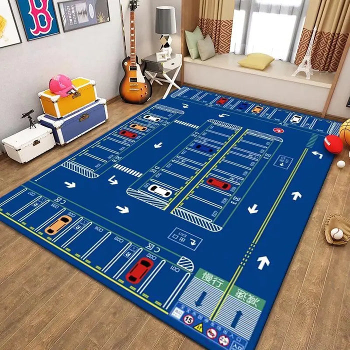 A playroom featuring the VIKAMA Kids' Cartoon Traffic Play Mat from Lacatang Shop transforms into a lively parking lot scene, with vibrant colors and road markings. Also visible are a guitar, storage boxes, window curtains, and a yellow seat in the corner.