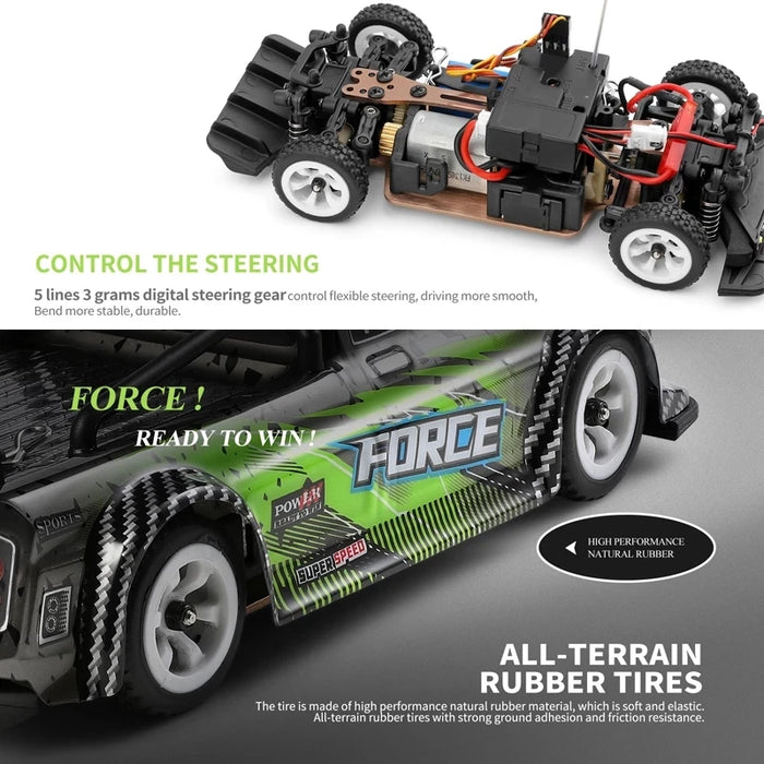 A detailed image of two WLtoys 1:28 284131 284161 RC cars from Lacatang Shop. The top section highlights the advanced steering mechanism with a digital steering gear. The bottom section showcases the car's side detailing "FORCE" and its all-terrain rubber tires designed for superior grip and durability. Text annotations are present, illustrating key features of these high-speed, 4WD electric drift toys capable of reaching speeds up to 30KM/H—perfect gifts for children.