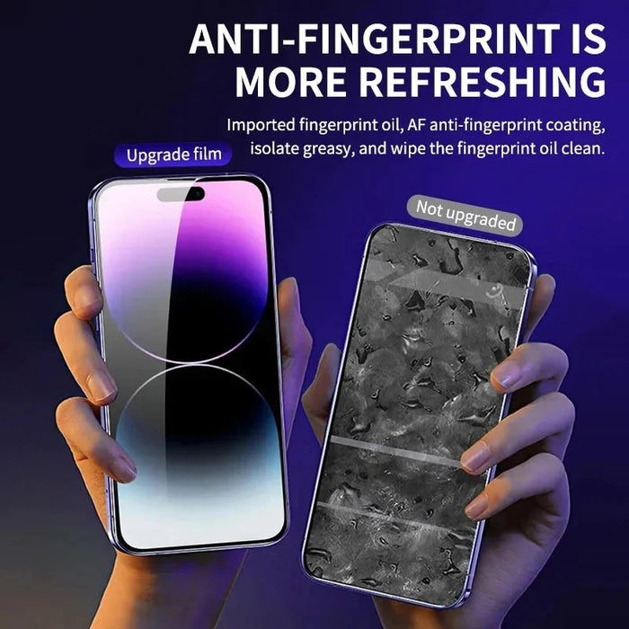 Two smartphones are held side by side by different hands. The left phone, labeled "1-2Pc 8K High End Tempered Glass for iPhone," has a clean, smudge-free screen. The right phone, labeled "Not upgraded," has visible fingerprint smudges. Text above reads: "ANTI-FINGERPRINT IS MORE REFRESHING." Experience true clarity with our innovative product from AliExpress.