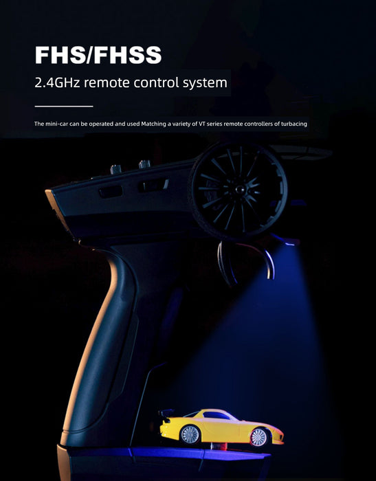 An image of a 2.4GHz remote control system featuring a handheld remote controller with a wheel and trigger. Below it, a small yellow car model is illuminated with blue light. The text reads: "FHS/FHSS 2.4GHz remote control system" and "The JDM Racing Miniature Toy Remote Control Sports Car by Lacatang Shop can be operated like a professional racing toy.