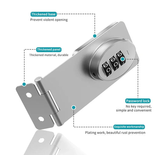 The AliExpress 1 PCS Childden refrigerator lock features a silver finish with a thickened base and panel for extra security. This keyless combination lock boasts exquisite rust-resistant workmanship and is suitable for unisex use, with labels highlighting its qualities.